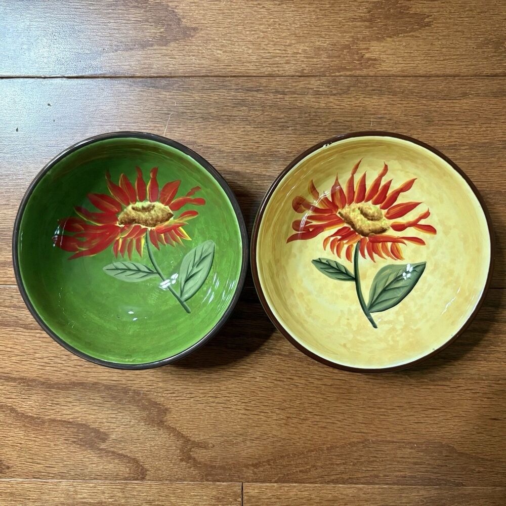 Bella Casa by Ganz Set of 2 Bowls Sunflower Motif  5” x‎ 2” Hand-painted